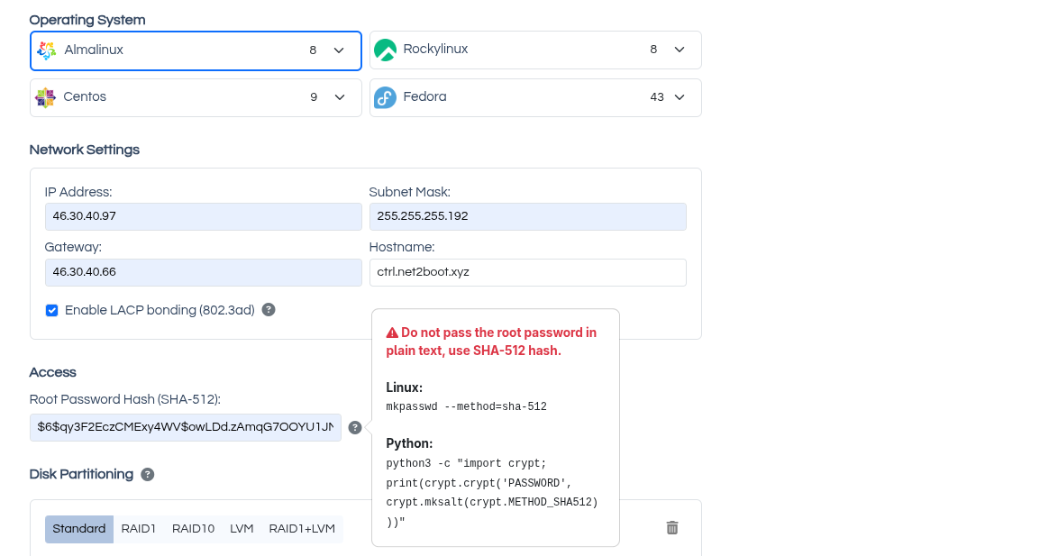 net2boot ISO generation form - OS selection